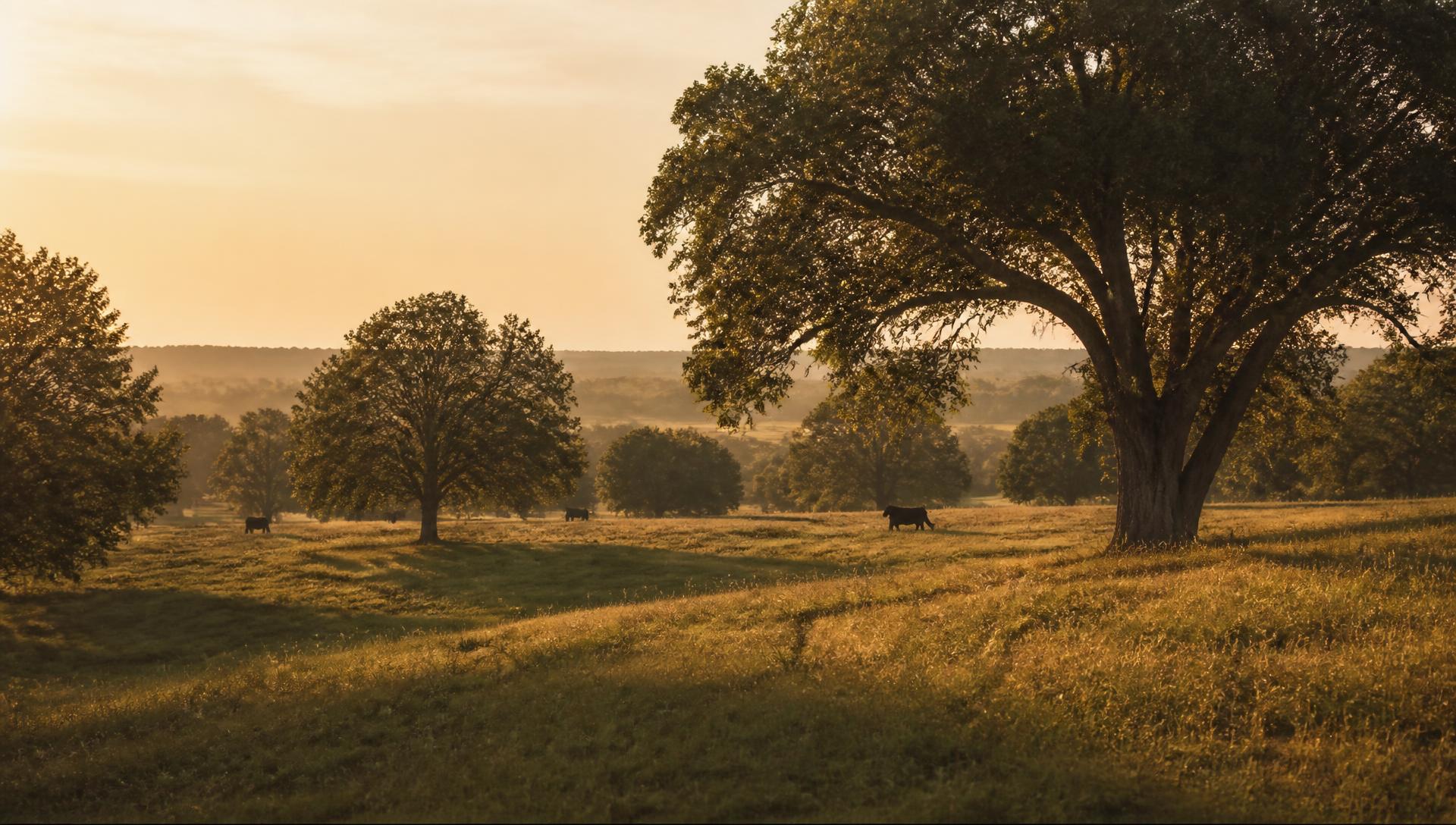 Texas pasture at golden hour with cattle grazing in the distance